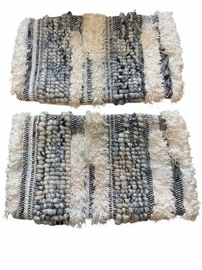 Arhaus Pillow Covers Set of 2 Boho Striped Boucle Wool Cotton Blend Cream Navy